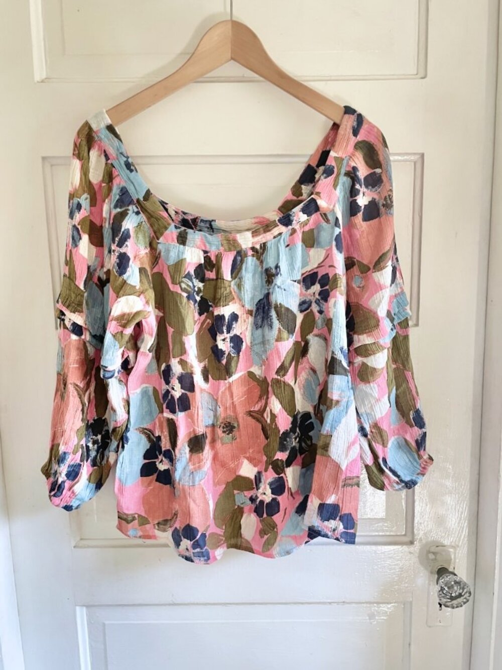 Zac & Rachel Pink Floral Multicolor Gauzy Square Neck Top L